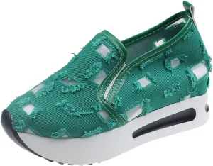 Platform Wedge Sneakers for Women Floral Embroidery Breathable Sheer Mesh Lace Sneakers Mesh Air Comfort Chunky Sole Hidden High Heels Slip On Loafers Dressy Casual Walking Shoes
