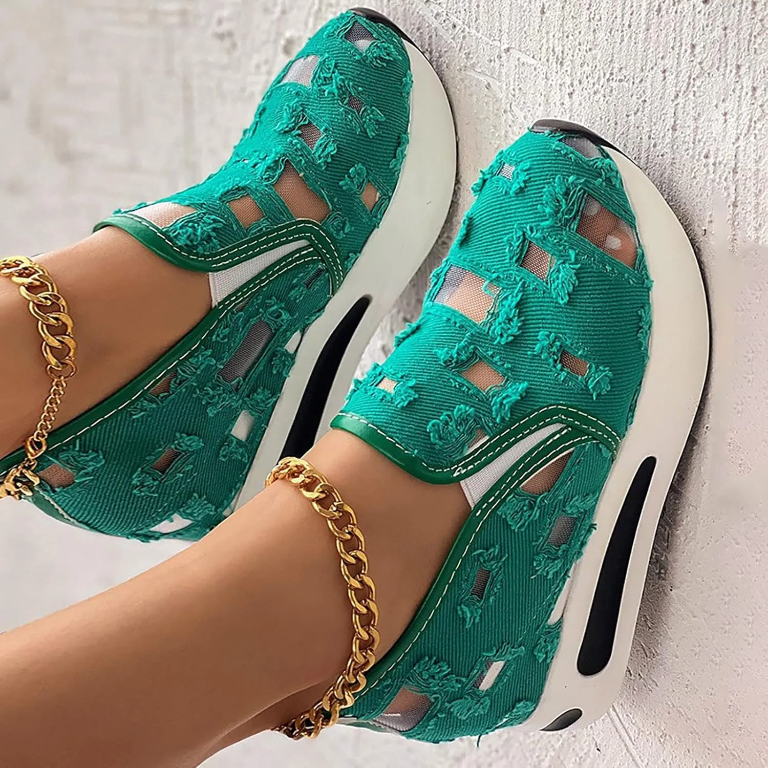 Platform Wedge Sneakers for Women Floral Embroidery Breathable Sheer Mesh Lace Sneakers Mesh Air Comfort Chunky Sole Hidden High Heels Slip On Loafers Dressy Casual Walking Shoes