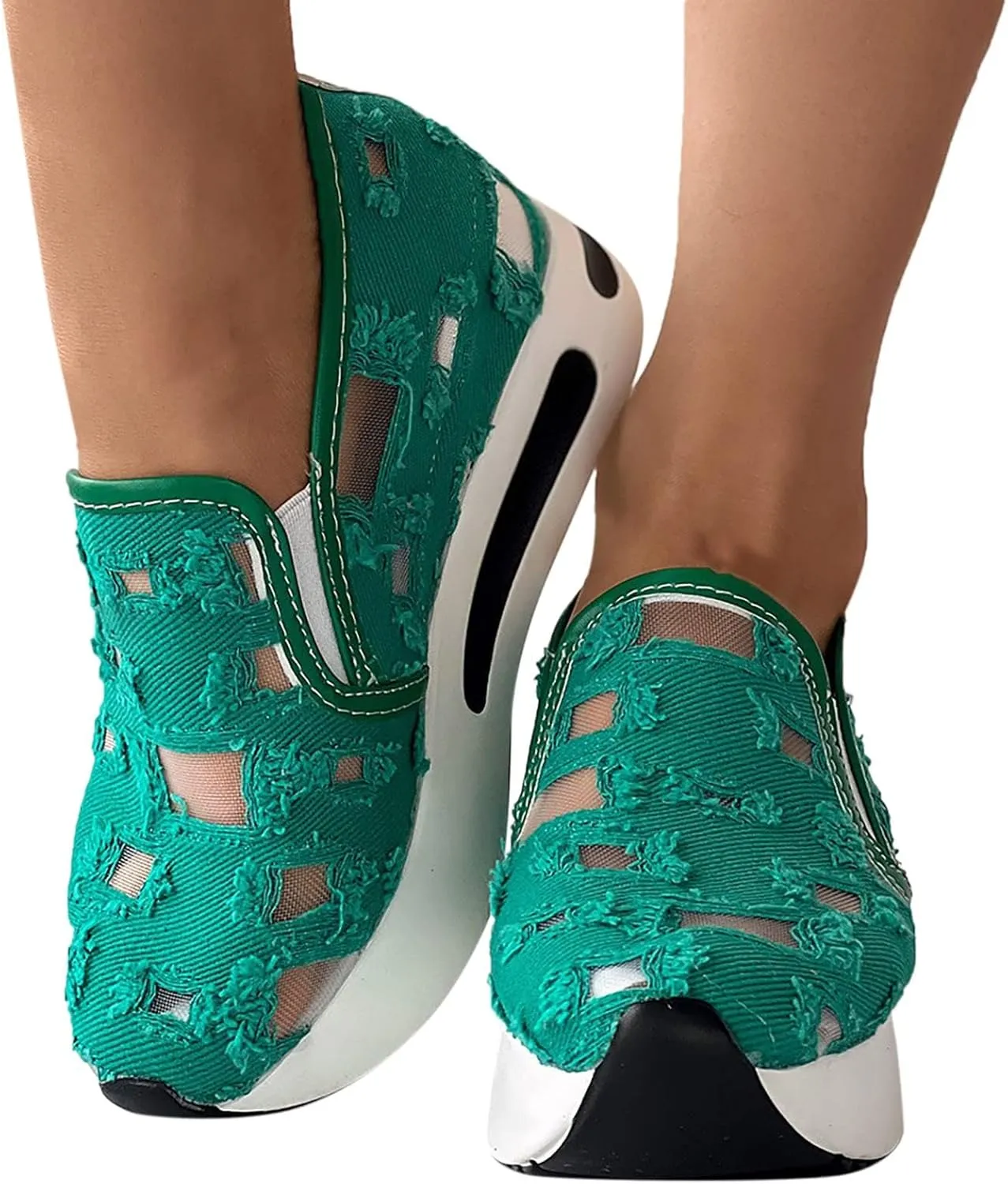 Platform Wedge Sneakers for Women Floral Embroidery Breathable Sheer Mesh Lace Sneakers Mesh Air Comfort Chunky Sole Hidden High Heels Slip On Loafers Dressy Casual Walking Shoes