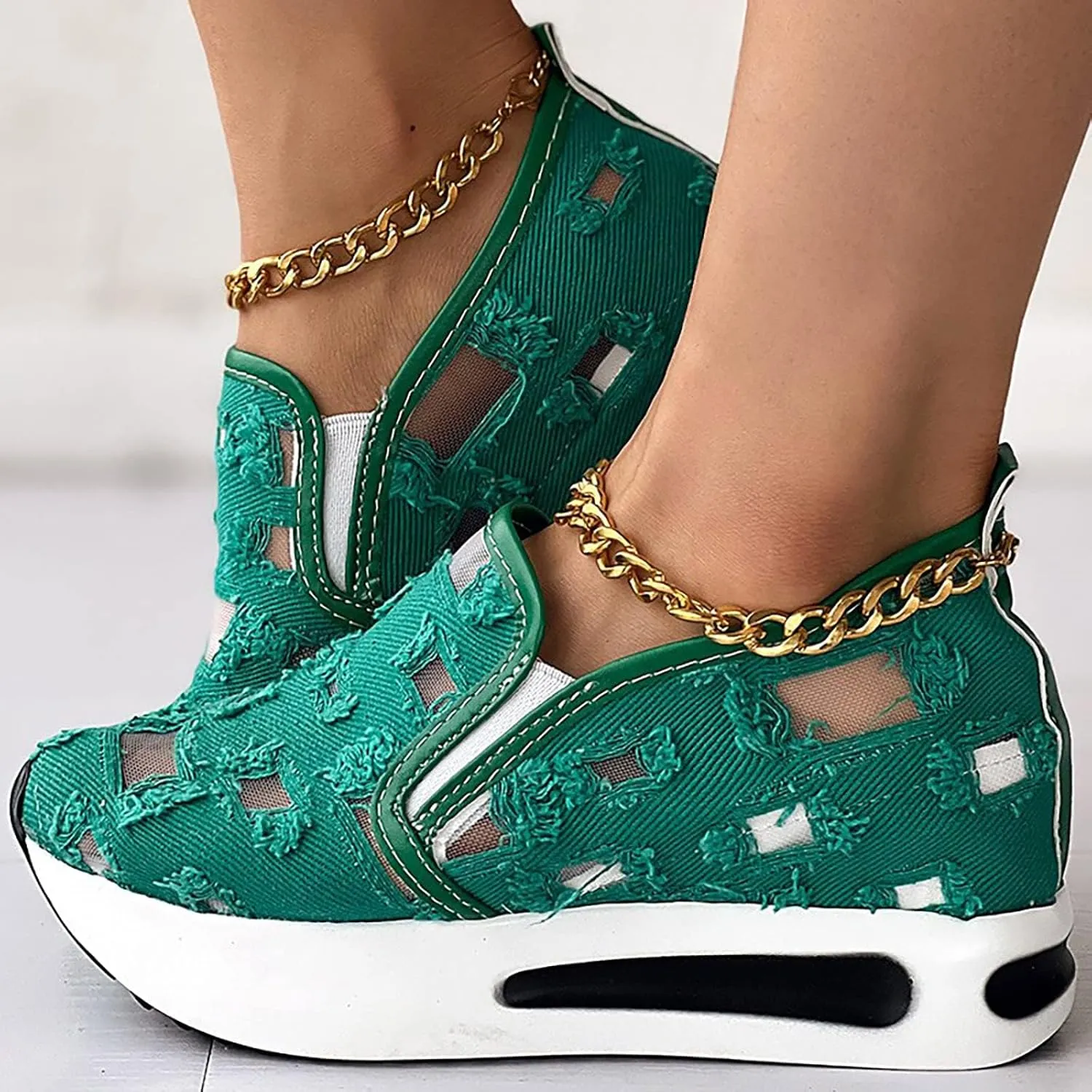 Platform Wedge Sneakers for Women Floral Embroidery Breathable Sheer Mesh Lace Sneakers Mesh Air Comfort Chunky Sole Hidden High Heels Slip On Loafers Dressy Casual Walking Shoes