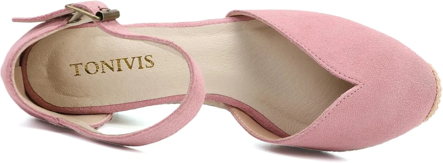Platform Wedges Sandals for Women, 3" Wedge, Ankle-Strap, Cap Toe, Summer Espadrilles Heel Shoes