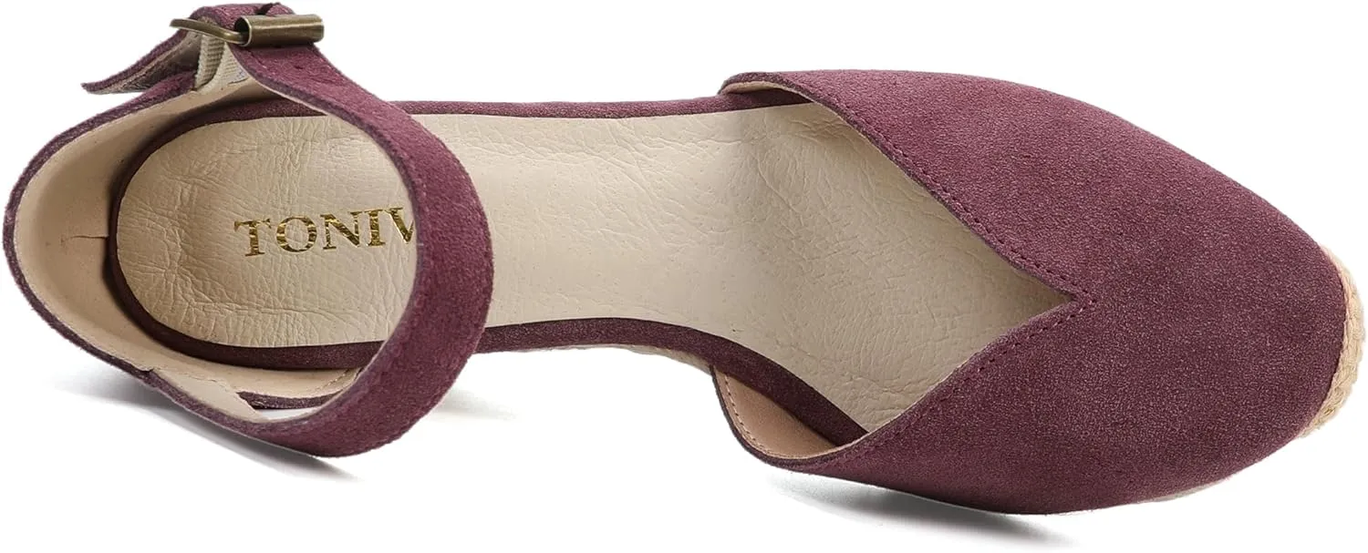 Platform Wedges Sandals for Women, 3" Wedge, Ankle-Strap, Cap Toe, Summer Espadrilles Heel Shoes