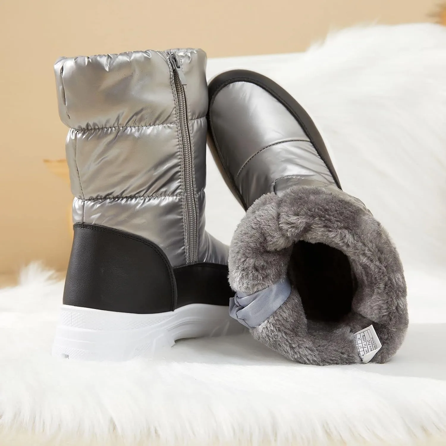POVOGER Womens Winter Boots Snow Boots For Women Black Mid Calf Platform Boots Warm Fur Fashion Slip On Boots