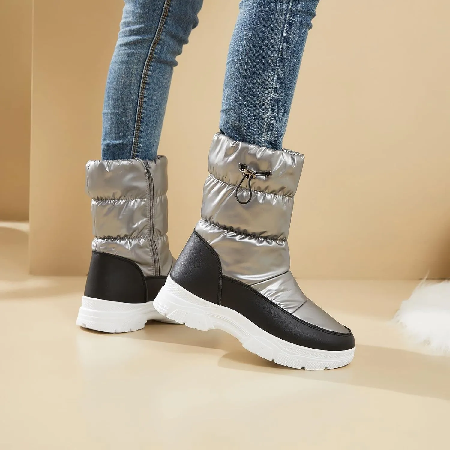 POVOGER Womens Winter Boots Snow Boots For Women Black Mid Calf Platform Boots Warm Fur Fashion Slip On Boots