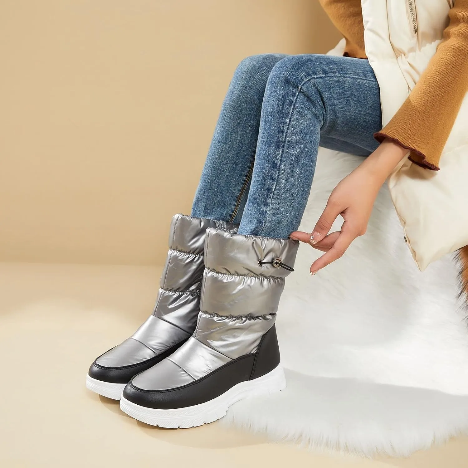 POVOGER Womens Winter Boots Snow Boots For Women Black Mid Calf Platform Boots Warm Fur Fashion Slip On Boots