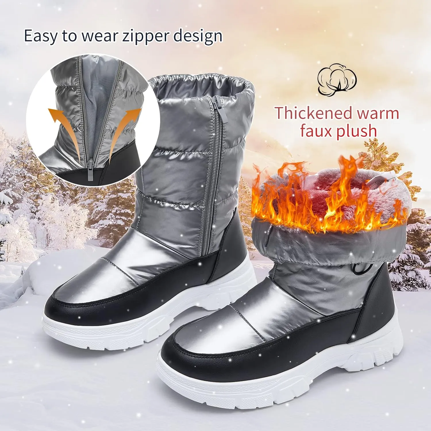 POVOGER Womens Winter Boots Snow Boots For Women Black Mid Calf Platform Boots Warm Fur Fashion Slip On Boots
