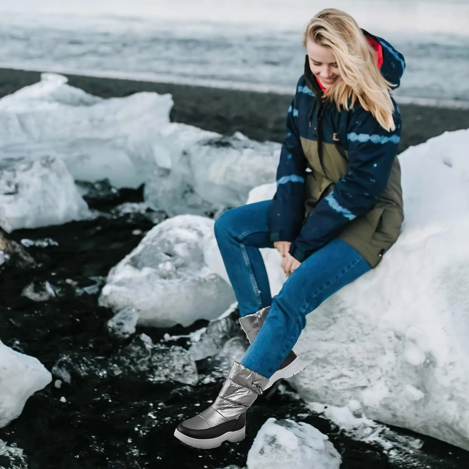 POVOGER Womens Winter Boots Snow Boots For Women Black Mid Calf Platform Boots Warm Fur Fashion Slip On Boots