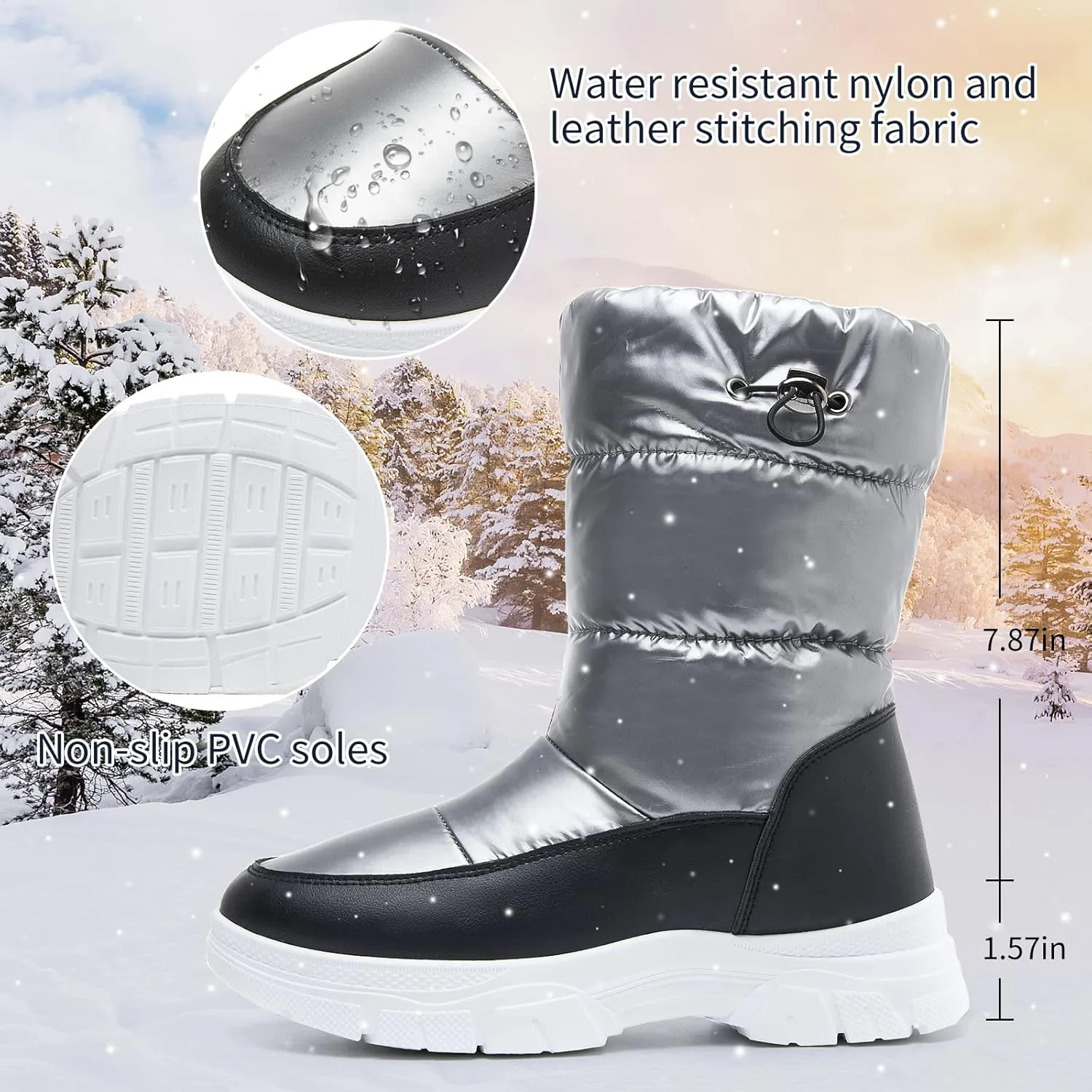 POVOGER Womens Winter Boots Snow Boots For Women Black Mid Calf Platform Boots Warm Fur Fashion Slip On Boots