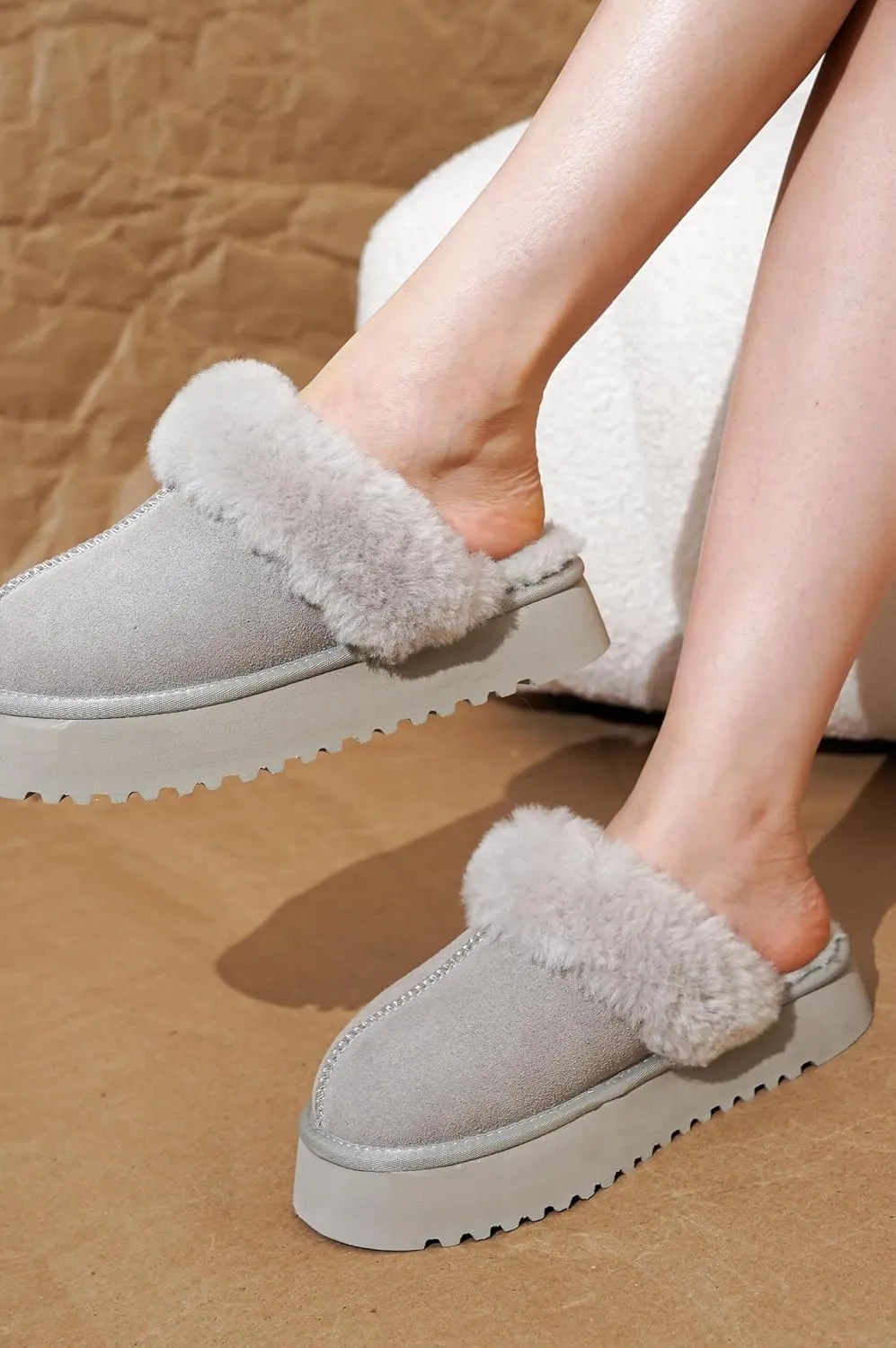 Project Cloud Slippers for Women Footwear - Genuine Suede with Memory Foam Clogs and Mules for Women 2025 - Non Slip and Lightweight Faux Fur Slippers (Viki)