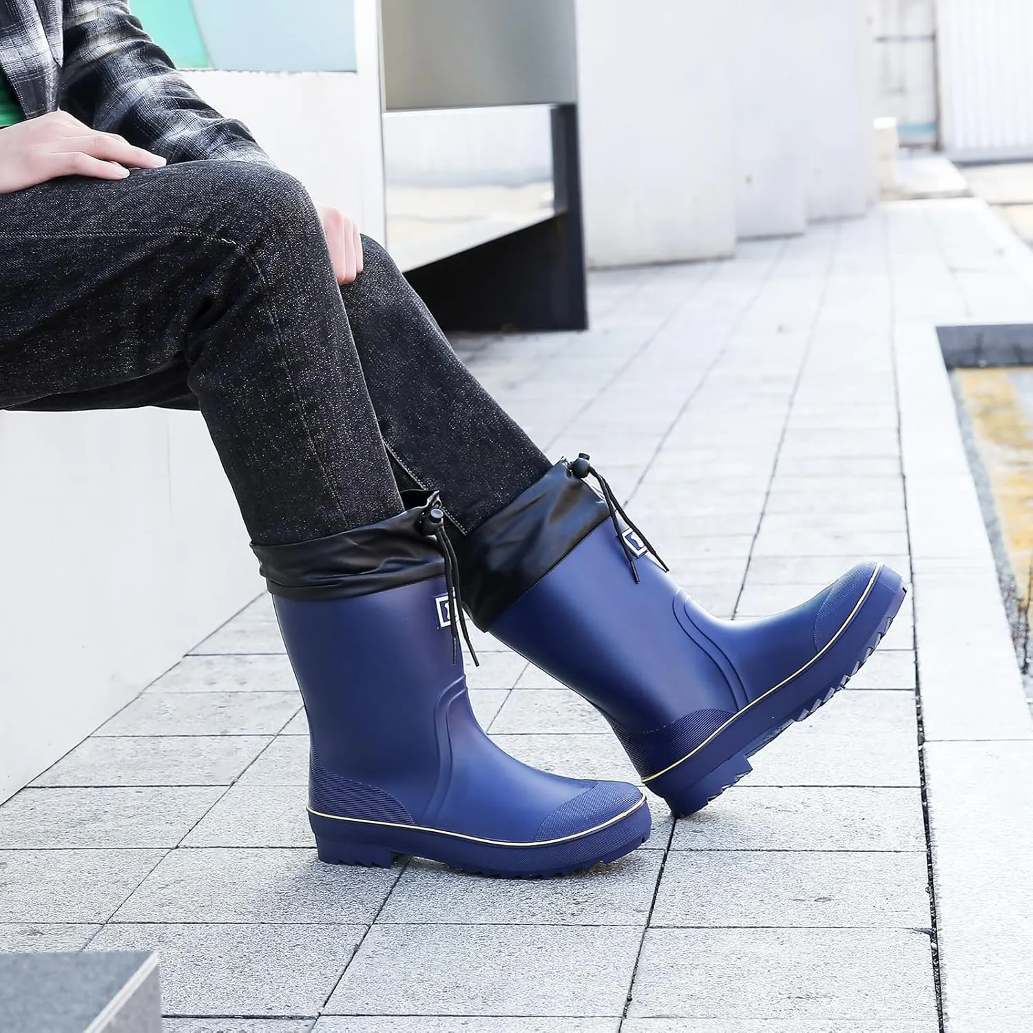 Rain Boots for Men, Waterproof Warm Rubber Boots Mens Garden Boots, Comfort Mid-Calf Lightweight Adjustable Raining Shoes, Elastic Chelsea Ankle Rain Boots Fishing Shoes for Yard Farm Outdoor Work