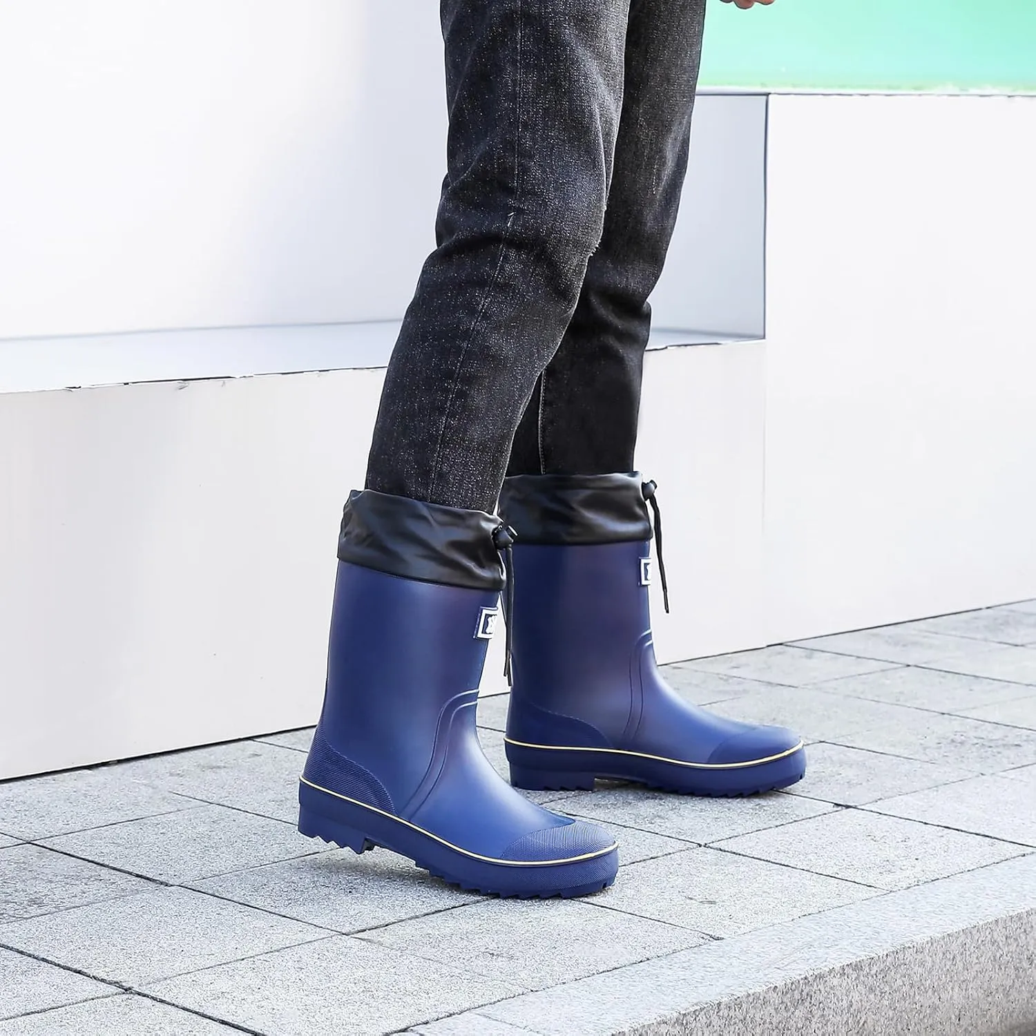 Rain Boots for Men, Waterproof Warm Rubber Boots Mens Garden Boots, Comfort Mid-Calf Lightweight Adjustable Raining Shoes, Elastic Chelsea Ankle Rain Boots Fishing Shoes for Yard Farm Outdoor Work