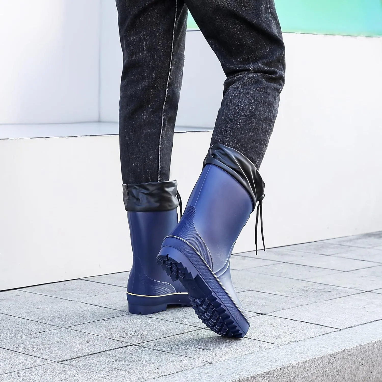 Rain Boots for Men, Waterproof Warm Rubber Boots Mens Garden Boots, Comfort Mid-Calf Lightweight Adjustable Raining Shoes, Elastic Chelsea Ankle Rain Boots Fishing Shoes for Yard Farm Outdoor Work