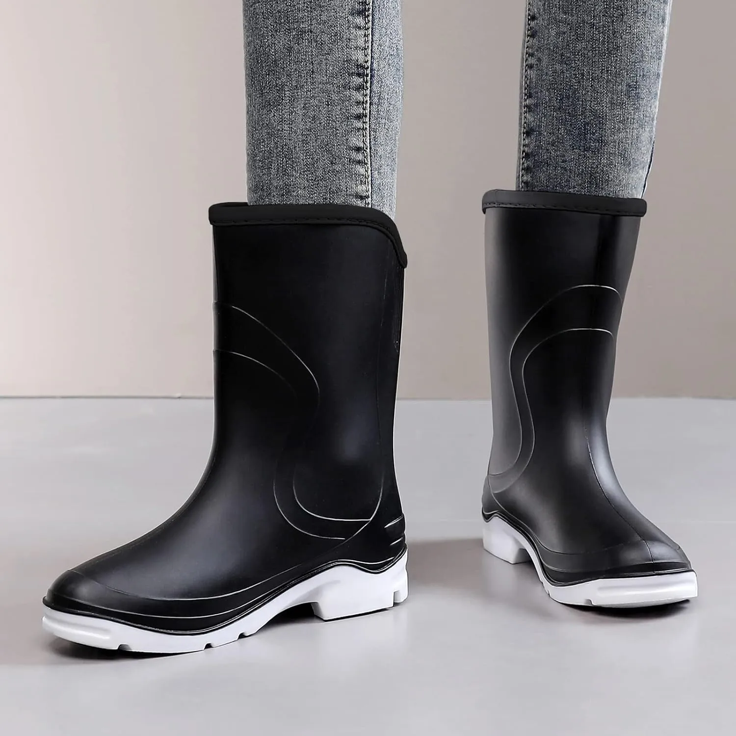 Rain Boots for Women，Waterproof Garden Rubber Boots, Non-slip Width Mid-Calf Comfort Short Boots, Ankle Rainboots Boots, Lightweight Platform Mud Boots Water Shoes for Outdoor Working Fishing