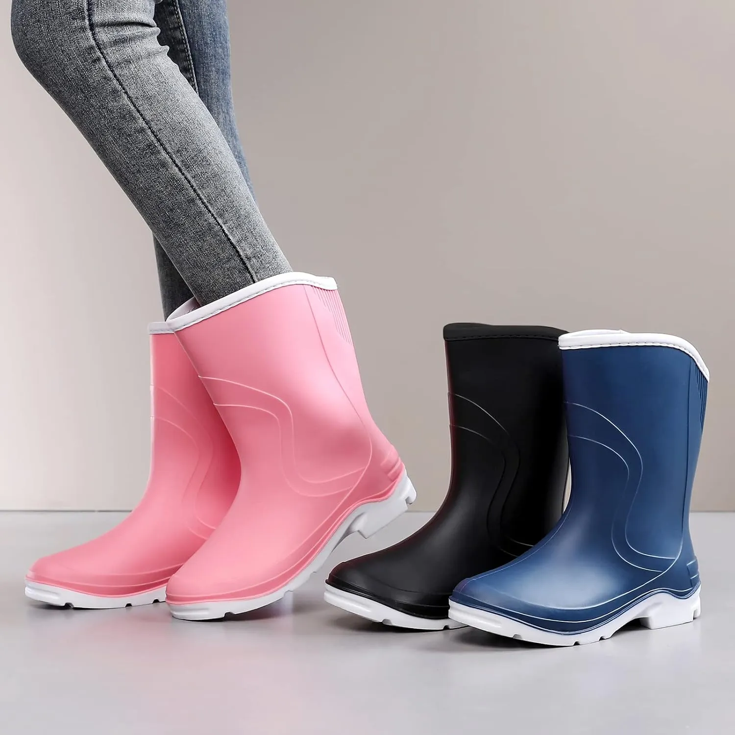 Rain Boots for Women，Waterproof Garden Rubber Boots, Non-slip Width Mid-Calf Comfort Short Boots, Ankle Rainboots Boots, Lightweight Platform Mud Boots Water Shoes for Outdoor Working Fishing