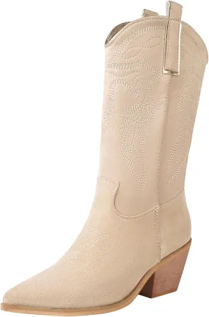 Reitoye Women's Embroidered Western Cowboy Boots Mid Calf Chunky Heel Pull-Up Tabs Classic Cowgirl Boot