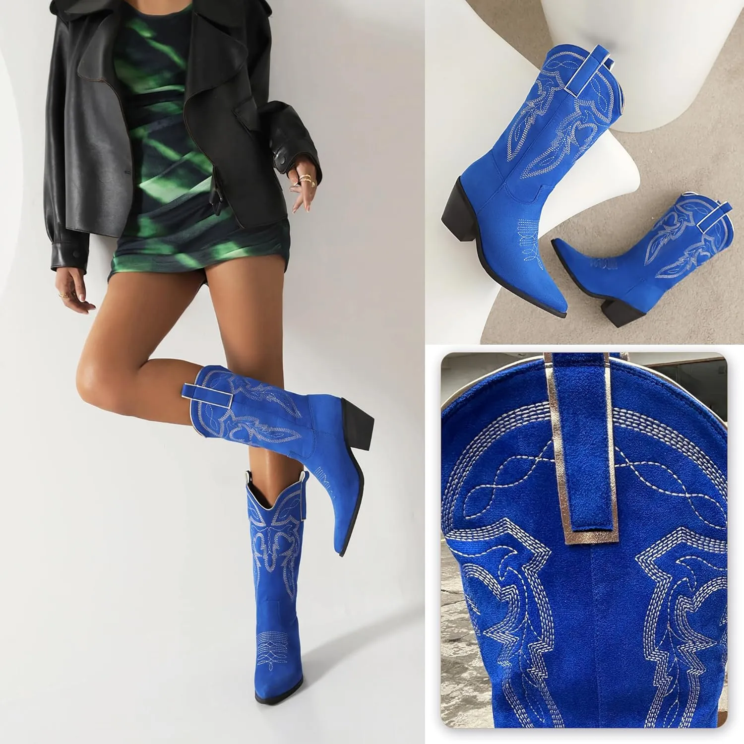 Reitoye Women's Embroidered Western Cowboy Boots Mid Calf Chunky Heel Pull-Up Tabs Classic Cowgirl Boot