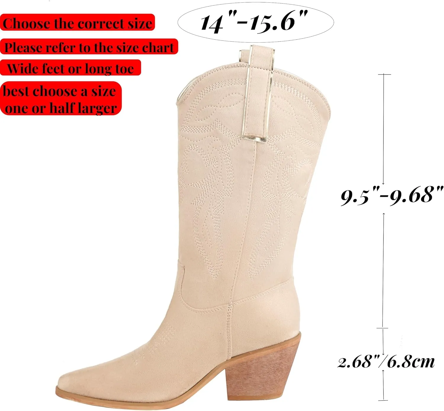Reitoye Women's Embroidered Western Cowboy Boots Mid Calf Chunky Heel Pull-Up Tabs Classic Cowgirl Boot