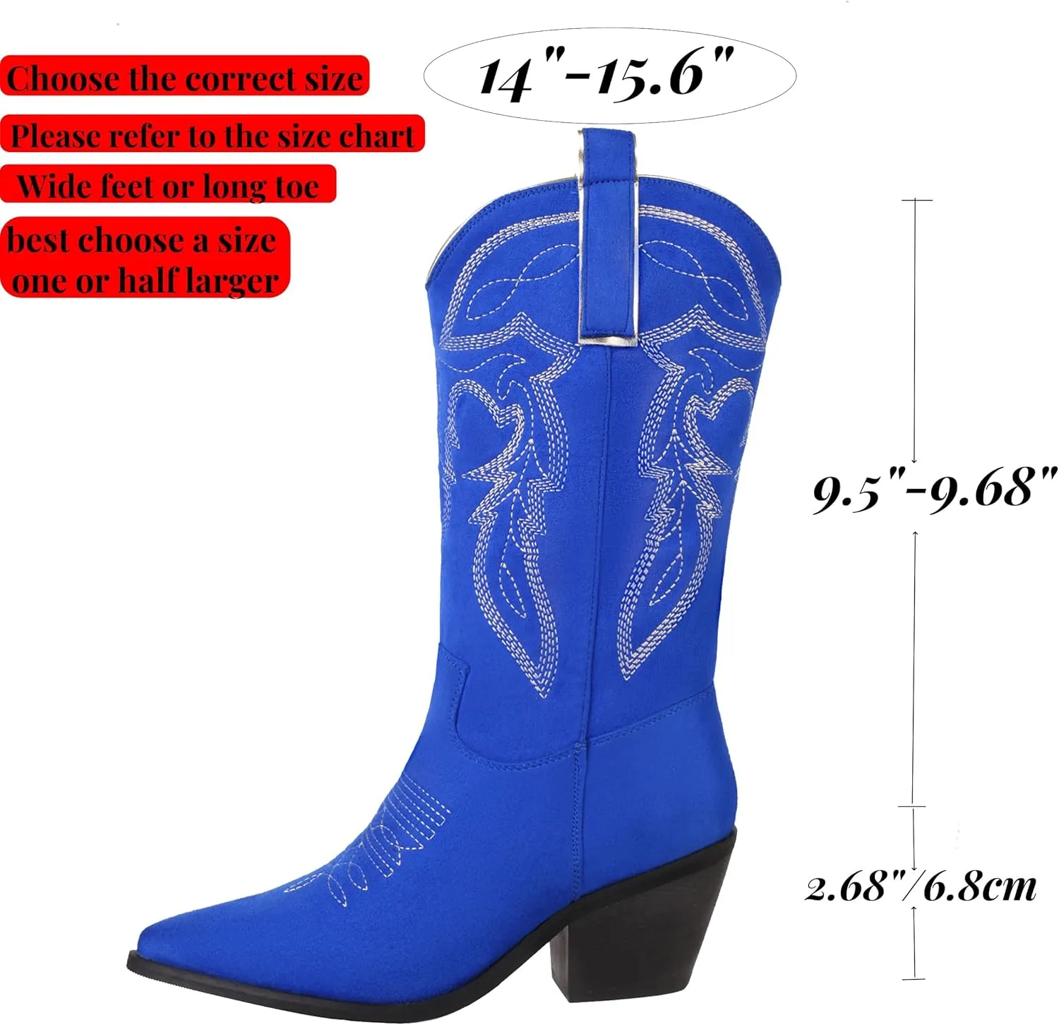 Reitoye Women's Embroidered Western Cowboy Boots Mid Calf Chunky Heel Pull-Up Tabs Classic Cowgirl Boot