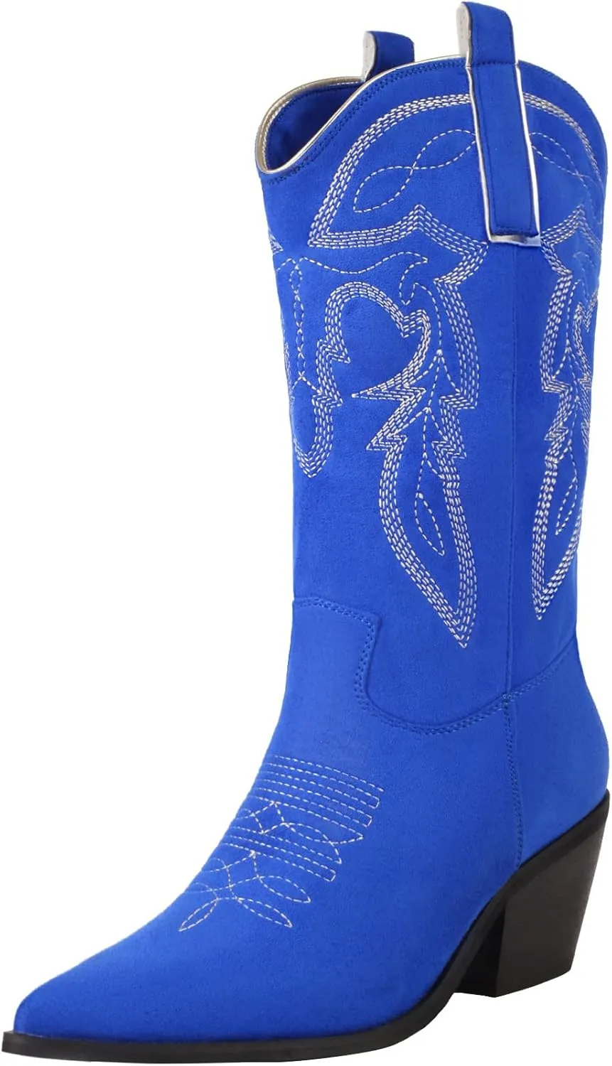 Reitoye Women's Embroidered Western Cowboy Boots Mid Calf Chunky Heel Pull-Up Tabs Classic Cowgirl Boot