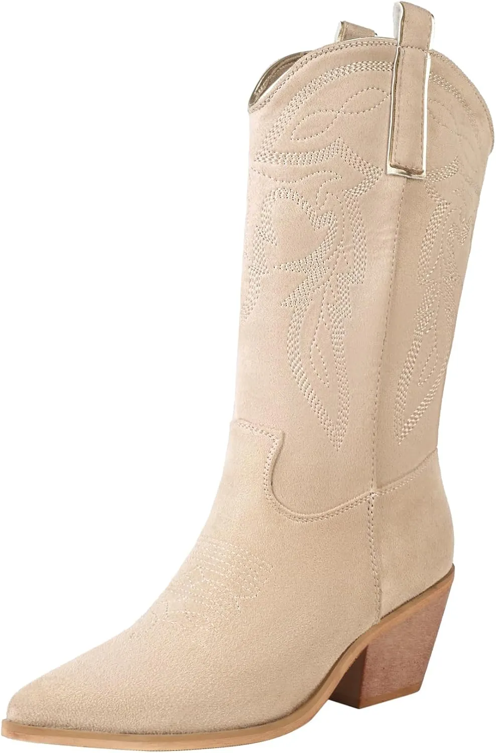 Reitoye Women's Embroidered Western Cowboy Boots Mid Calf Chunky Heel Pull-Up Tabs Classic Cowgirl Boot