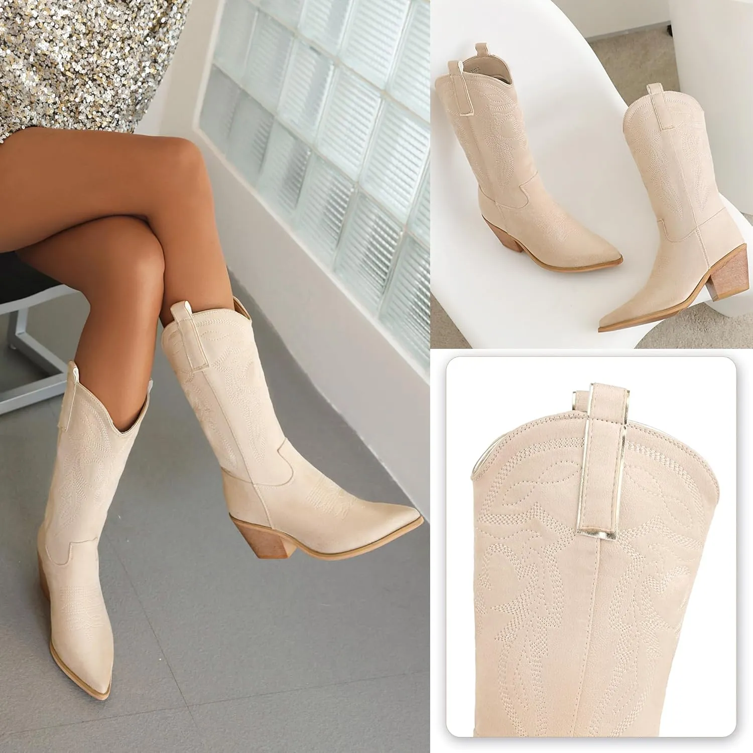 Reitoye Women's Embroidered Western Cowboy Boots Mid Calf Chunky Heel Pull-Up Tabs Classic Cowgirl Boot