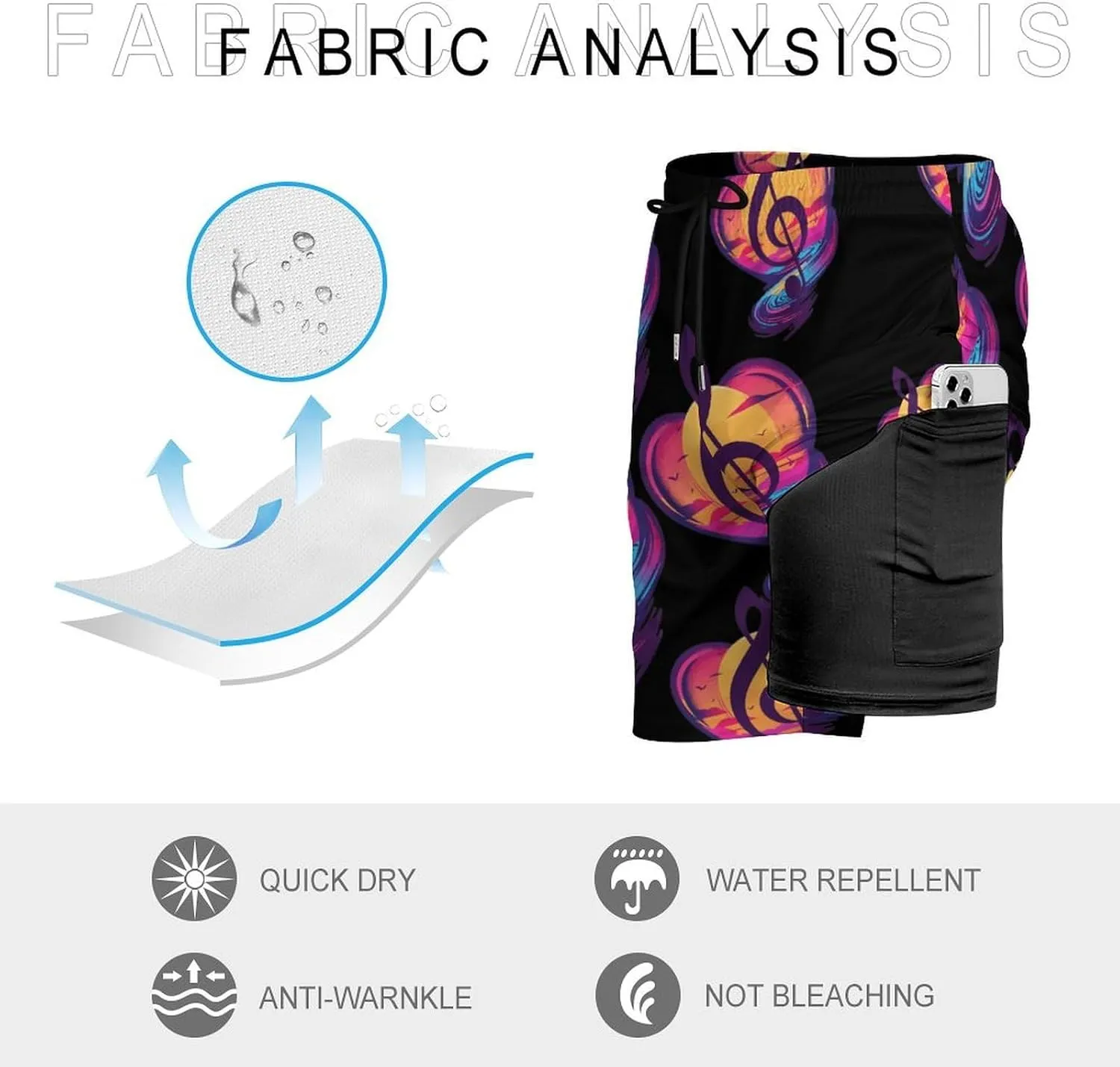 Retro Sunset Note Music Men's Swim Trunks Quick Dry Board Shorts Swimwear Beach Shorts with Compression Liner