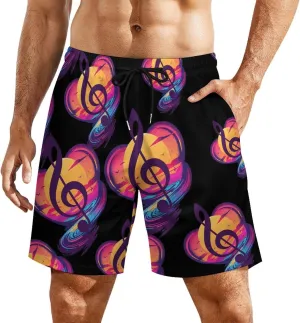 Retro Sunset Note Music Men's Swim Trunks Quick Dry Board Shorts Swimwear Beach Shorts with Compression Liner