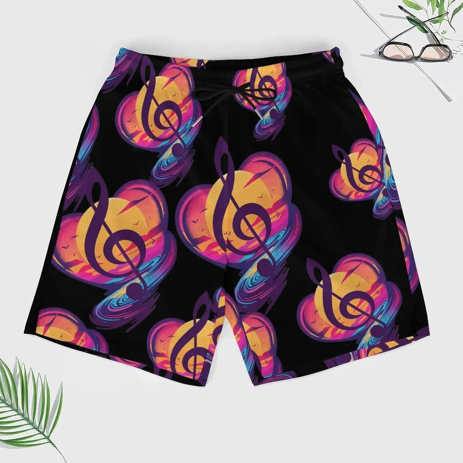Retro Sunset Note Music Men's Swim Trunks Quick Dry Board Shorts Swimwear Beach Shorts with Compression Liner