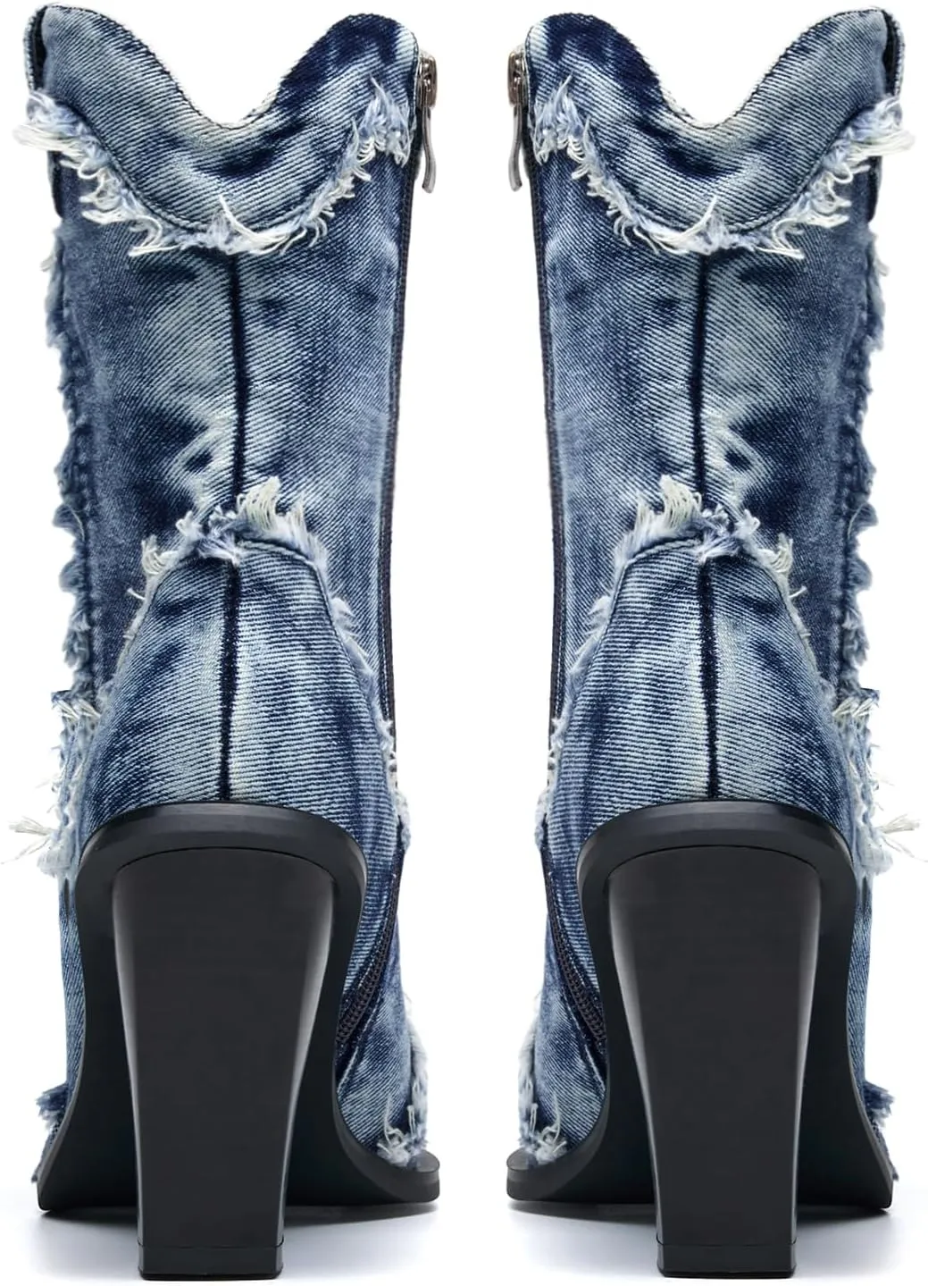 Rhinestones Denim Boots for Women Sparkly Wide Calf Cowboy Boots Almond Pointed Toe Chunky Block Heel Jean Mid Calf Cowgirl Boots Western Retro Jeans Ankle Short Boots