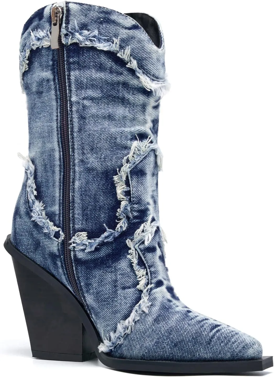 Rhinestones Denim Boots for Women Sparkly Wide Calf Cowboy Boots Almond Pointed Toe Chunky Block Heel Jean Mid Calf Cowgirl Boots Western Retro Jeans Ankle Short Boots