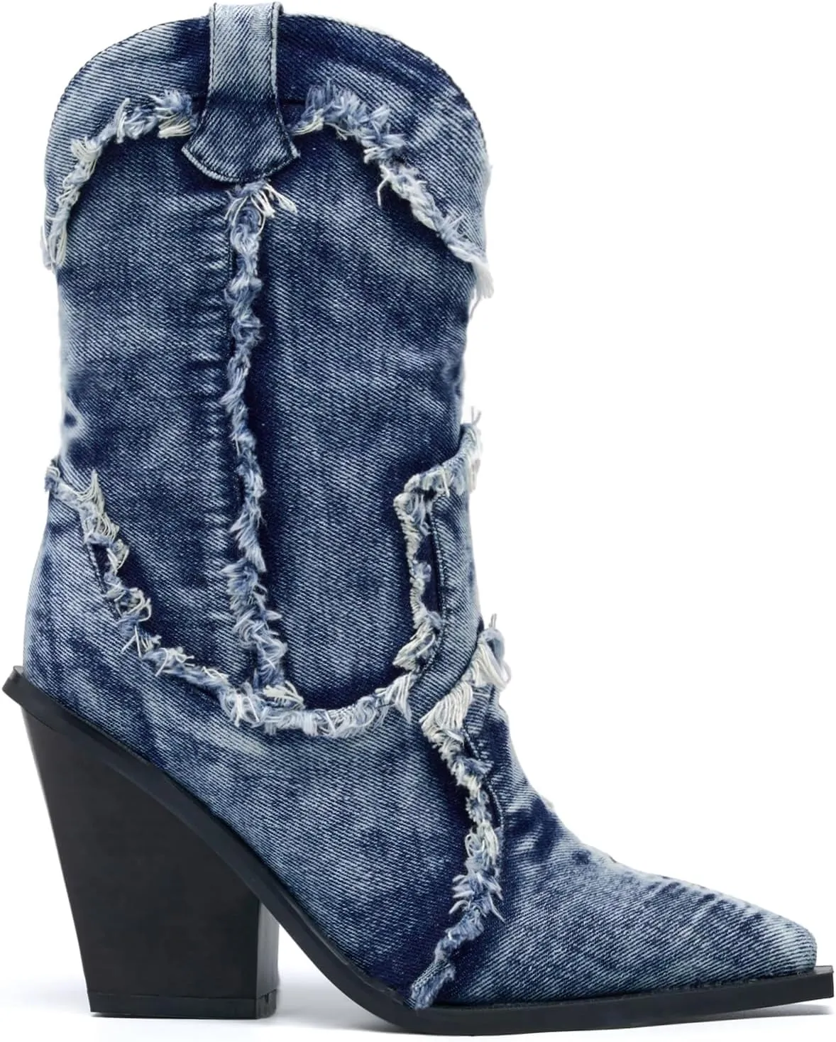 Rhinestones Denim Boots for Women Sparkly Wide Calf Cowboy Boots Almond Pointed Toe Chunky Block Heel Jean Mid Calf Cowgirl Boots Western Retro Jeans Ankle Short Boots