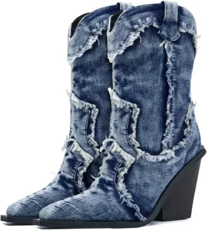 Rhinestones Denim Boots for Women Sparkly Wide Calf Cowboy Boots Almond Pointed Toe Chunky Block Heel Jean Mid Calf Cowgirl Boots Western Retro Jeans Ankle Short Boots