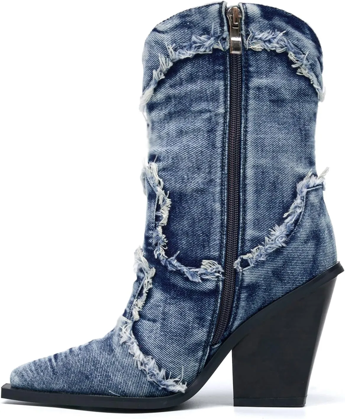 Rhinestones Denim Boots for Women Sparkly Wide Calf Cowboy Boots Almond Pointed Toe Chunky Block Heel Jean Mid Calf Cowgirl Boots Western Retro Jeans Ankle Short Boots