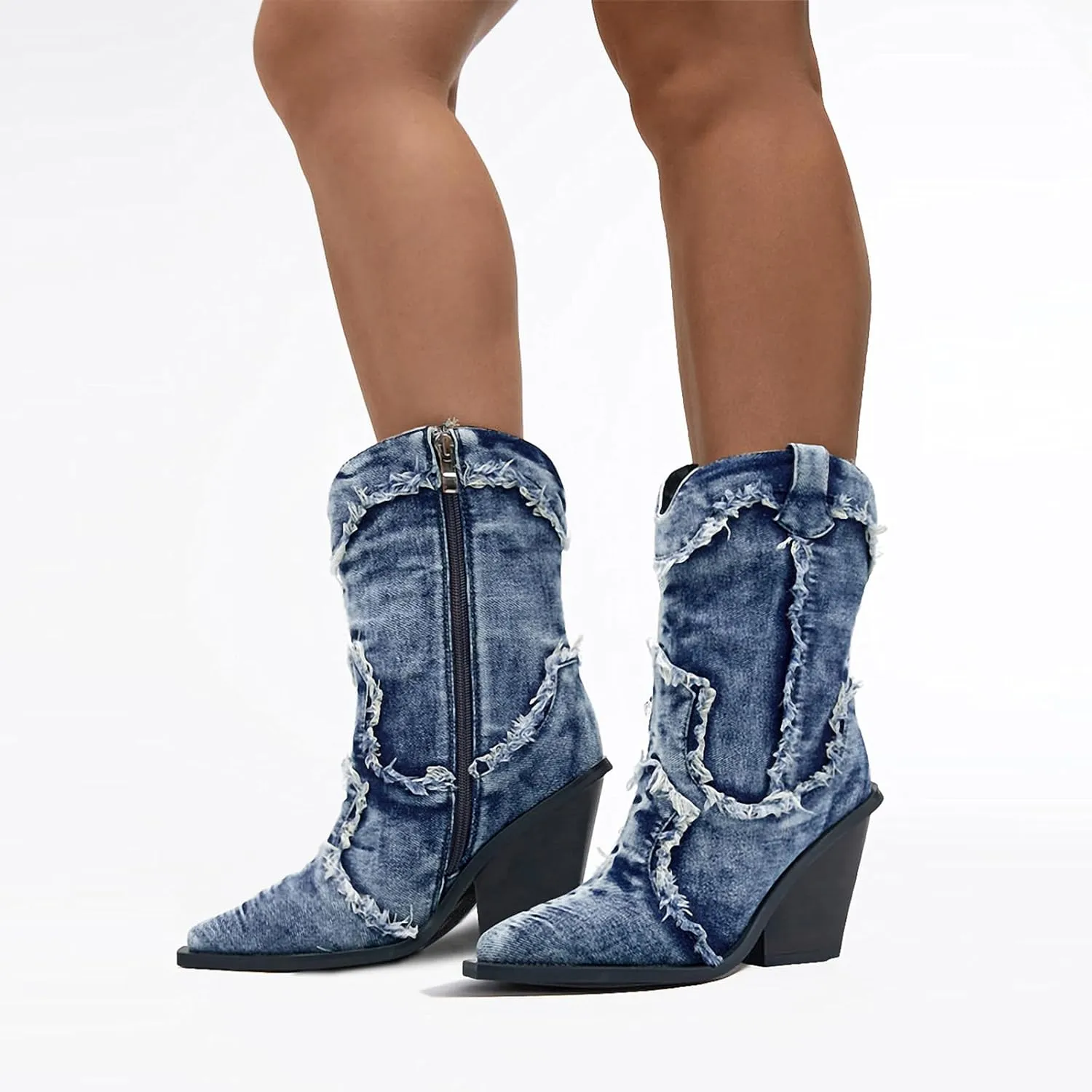 Rhinestones Denim Boots for Women Sparkly Wide Calf Cowboy Boots Almond Pointed Toe Chunky Block Heel Jean Mid Calf Cowgirl Boots Western Retro Jeans Ankle Short Boots