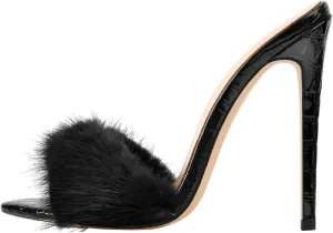Richealnana Women's Fur Fuzzy Sexy High Heels for Women Stiletto High Heels Mules Sandals