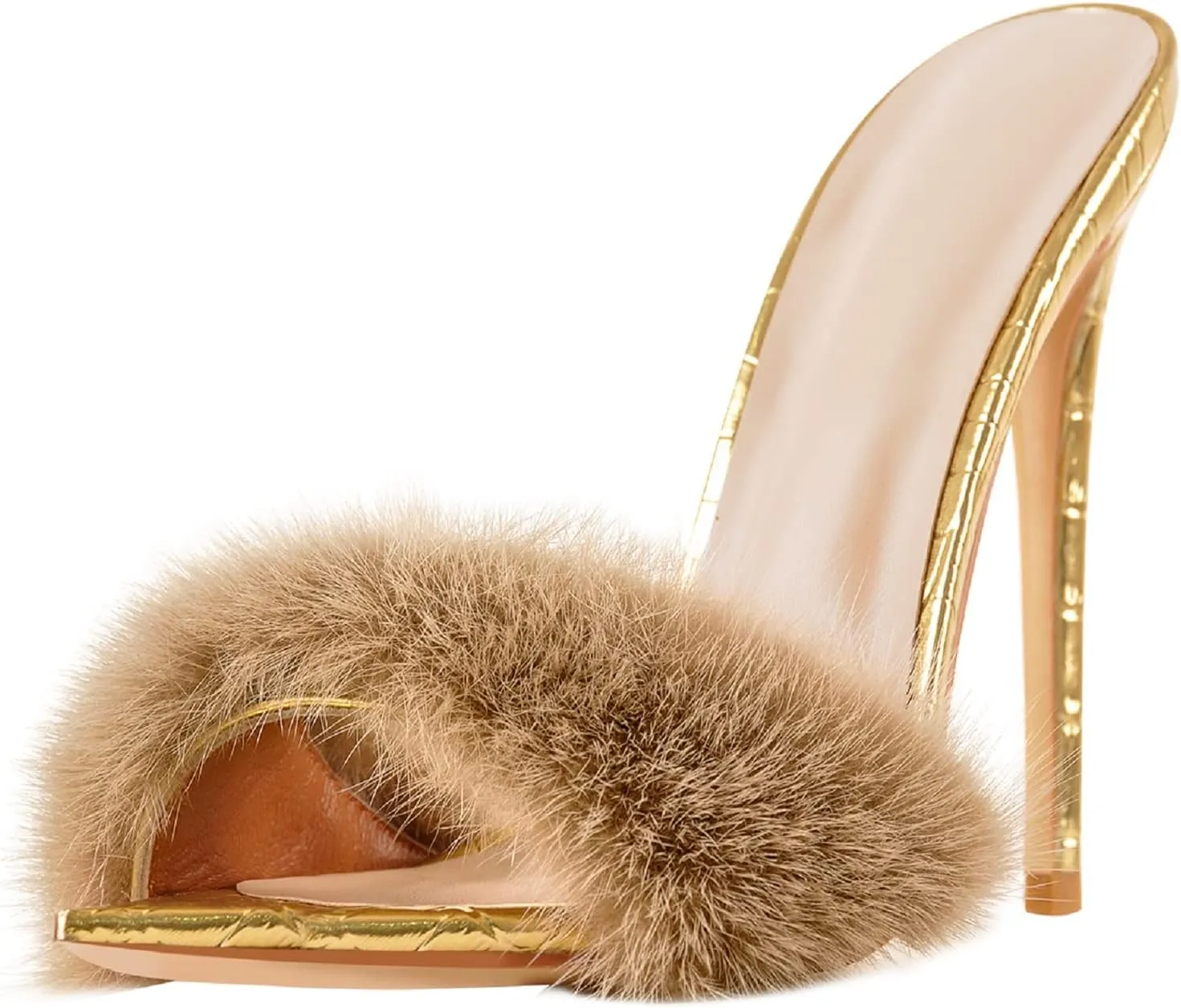 Richealnana Women's Fur Fuzzy Sexy High Heels for Women Stiletto High Heels Mules Sandals