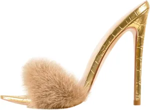 Richealnana Women's Fur Fuzzy Sexy High Heels for Women Stiletto High Heels Mules Sandals