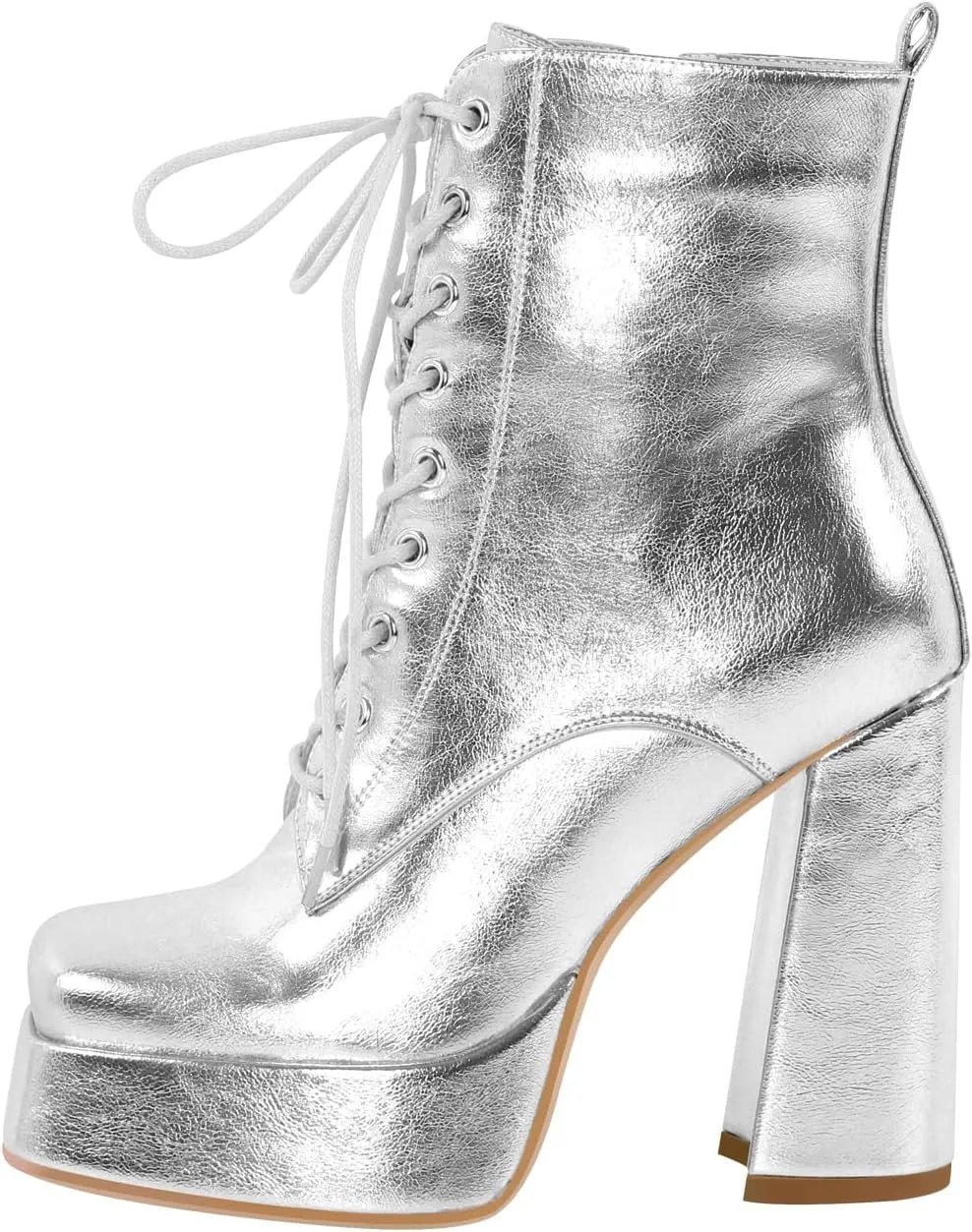 richealnini Sparkly Metallic Ankle Boots for Women Platform Heel Front Lace Up Block Heels Side Zip Up Short Booties