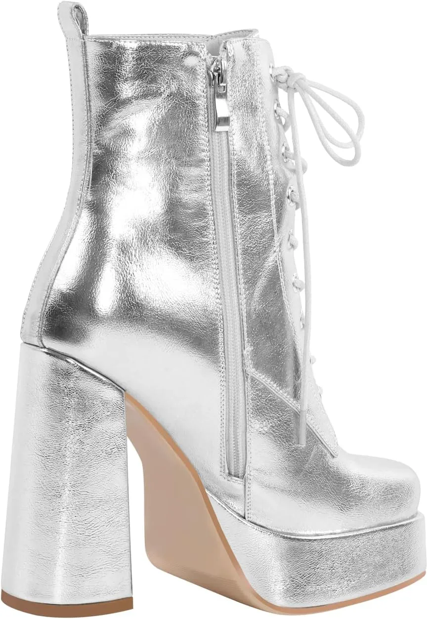 richealnini Sparkly Metallic Ankle Boots for Women Platform Heel Front Lace Up Block Heels Side Zip Up Short Booties