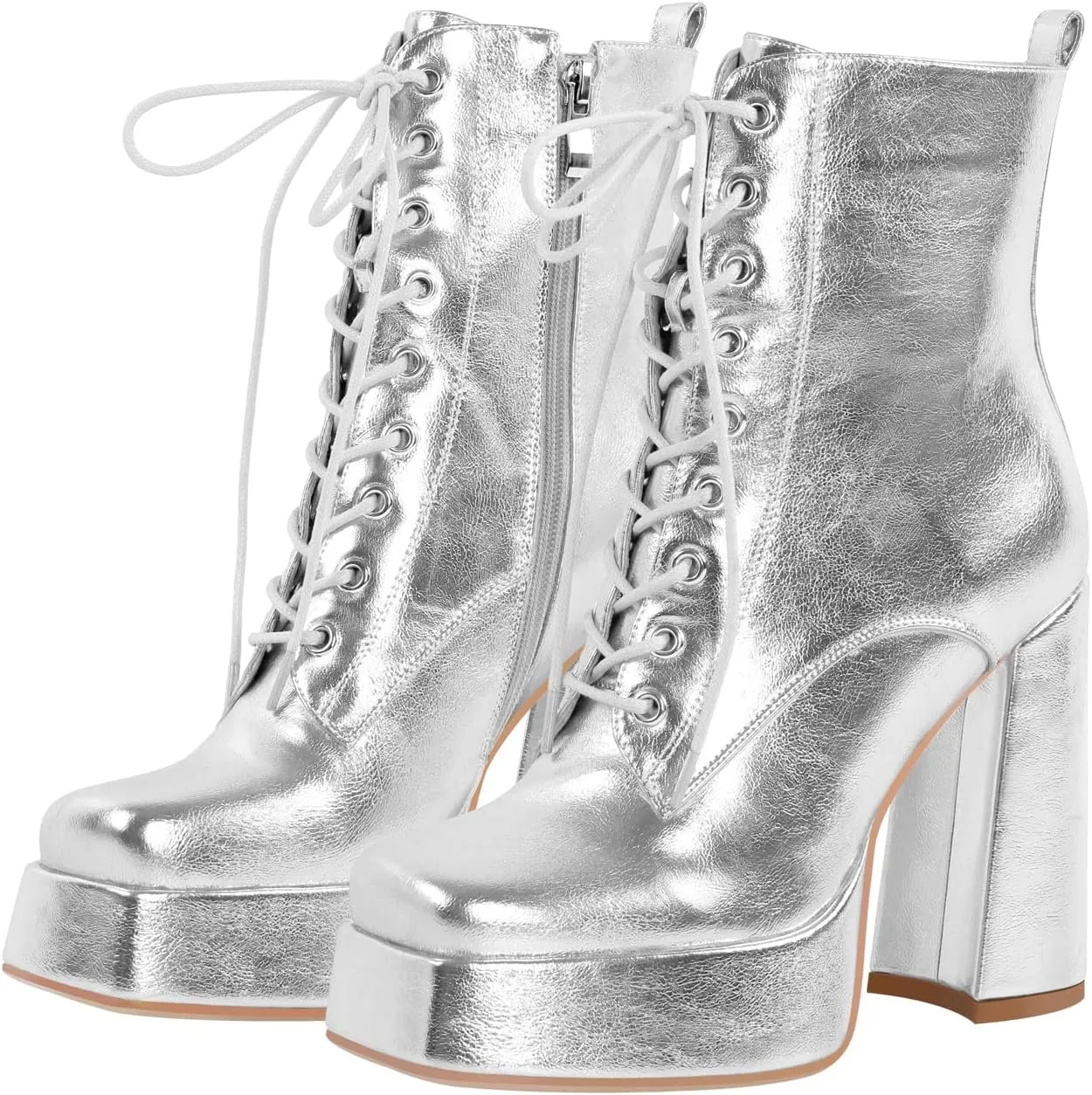 richealnini Sparkly Metallic Ankle Boots for Women Platform Heel Front Lace Up Block Heels Side Zip Up Short Booties