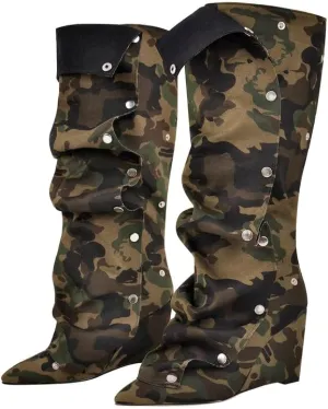 richealnini Women's Slouchy Knee High Boots Wedge Heels Detachable Boots Pointed Toe