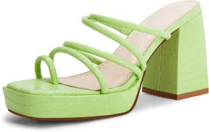 Rilista Women's Chunky Heels Strappy Platform Square Toe Block Heeled Sandals Slip On Mules