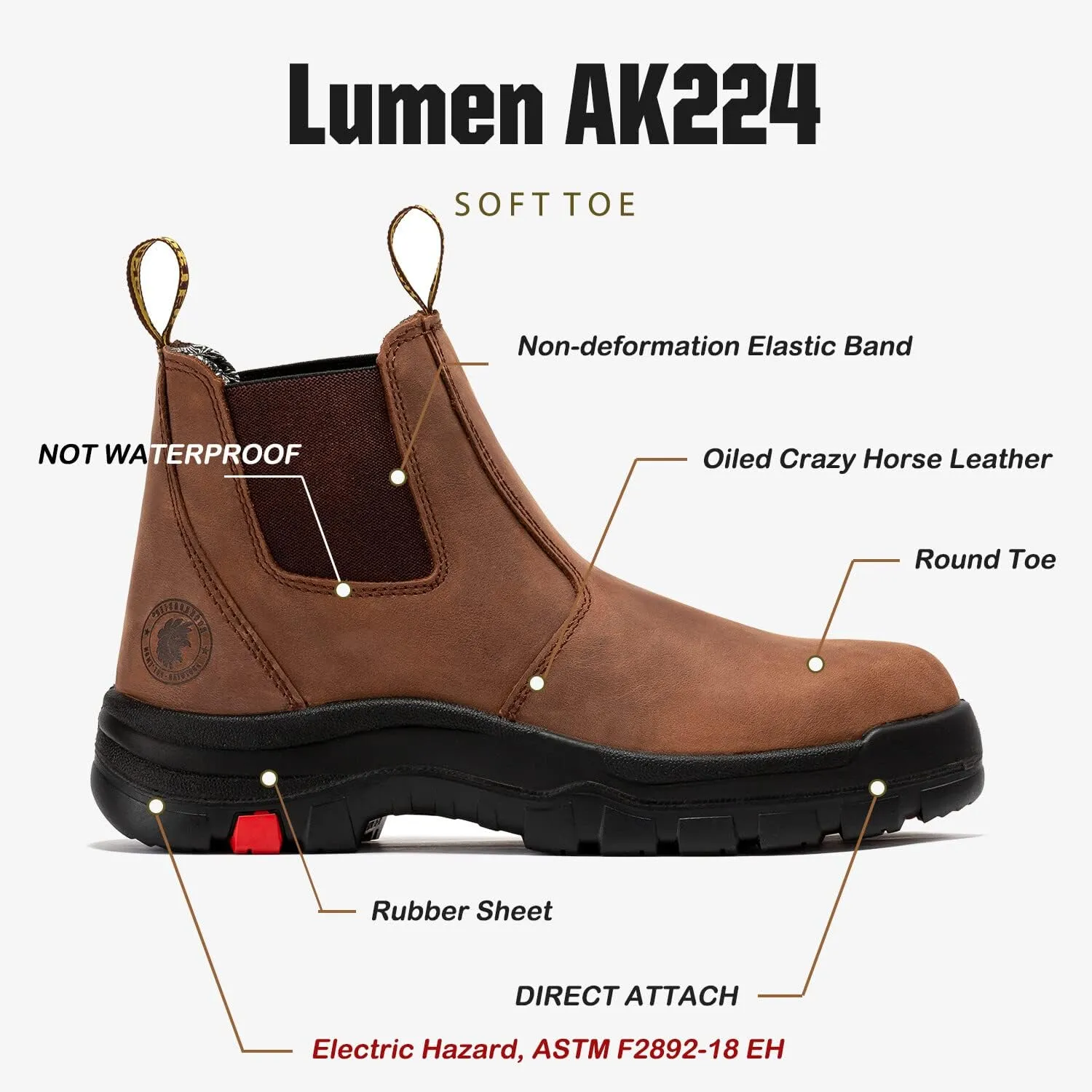 ROCKROOSTER Lumen Men's Slip On Boots, 6" Soft Toe Chelsea Work Boots, Oiled Leather Rubber Boots, Arch Support, Coolmax, ASTM F2892-18 Electrical Hazard AK224
