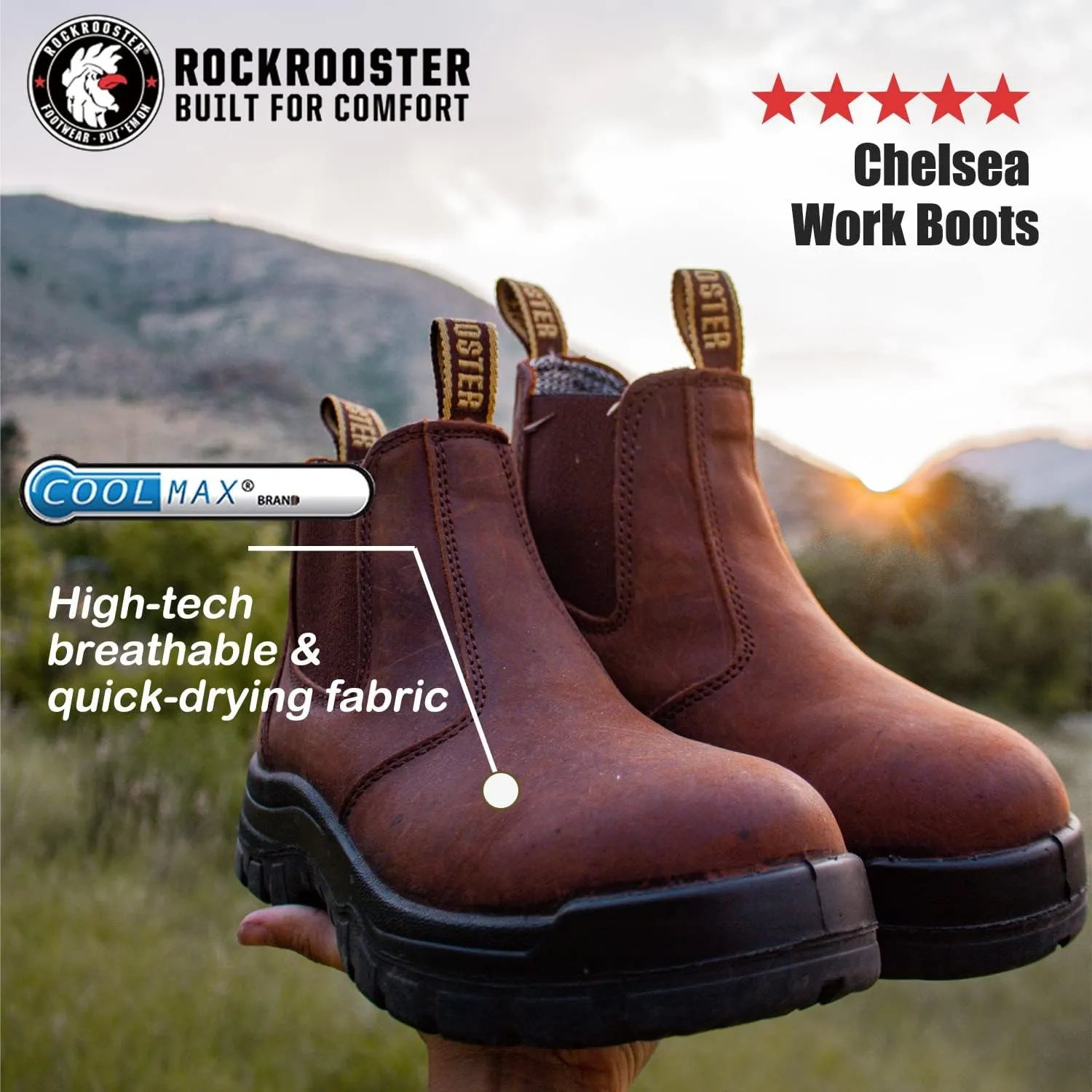ROCKROOSTER Lumen Men's Slip On Boots, 6" Soft Toe Chelsea Work Boots, Oiled Leather Rubber Boots, Arch Support, Coolmax, ASTM F2892-18 Electrical Hazard AK224