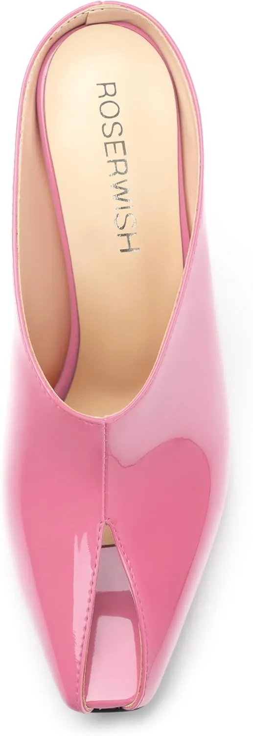 ROSERWISH Heeled Mules for Woman High Heel Mules Slip on Casual Slide Mules Square Toe Stiletto Heels Patent Comfortable Fashion Dress Shoes