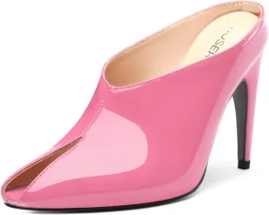 ROSERWISH Heeled Mules for Woman High Heel Mules Slip on Casual Slide Mules Square Toe Stiletto Heels Patent Comfortable Fashion Dress Shoes