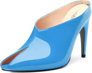 ROSERWISH Heeled Mules for Woman High Heel Mules Slip on Casual Slide Mules Square Toe Stiletto Heels Patent Comfortable Fashion Dress Shoes