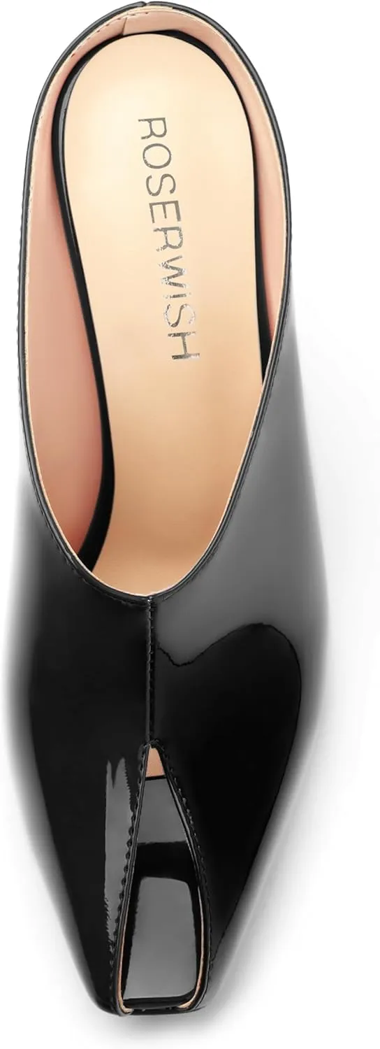 ROSERWISH Heeled Mules for Woman High Heel Mules Slip on Casual Slide Mules Square Toe Stiletto Heels Patent Comfortable Fashion Dress Shoes