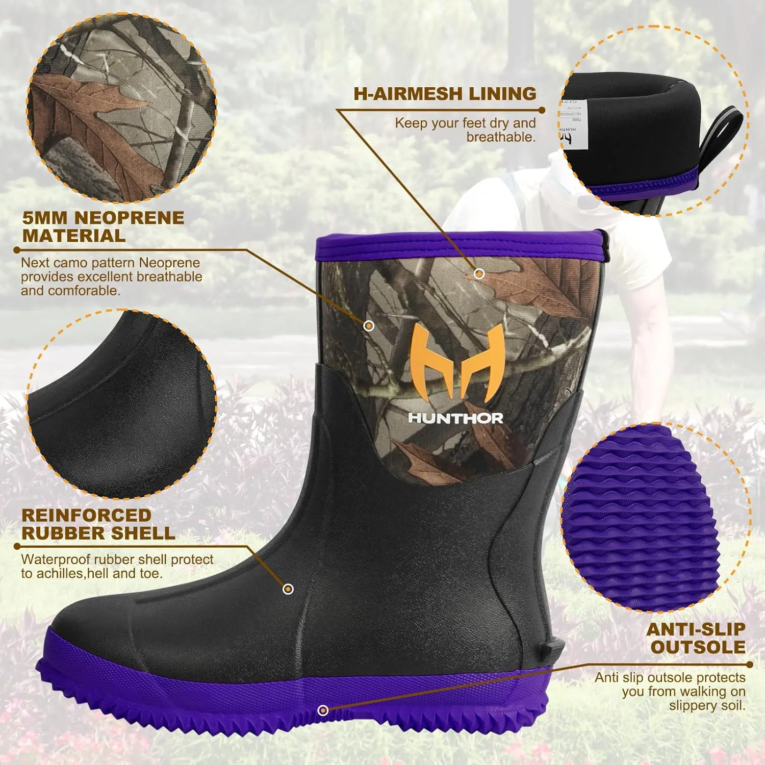 Rubber Boots for Women, 5mm Neoprene Insulated Waterproof Rain Boots with Steel Shank, Mid Calf Hunting Shoes for Faming Gardening Mud Work (Size 5-11)