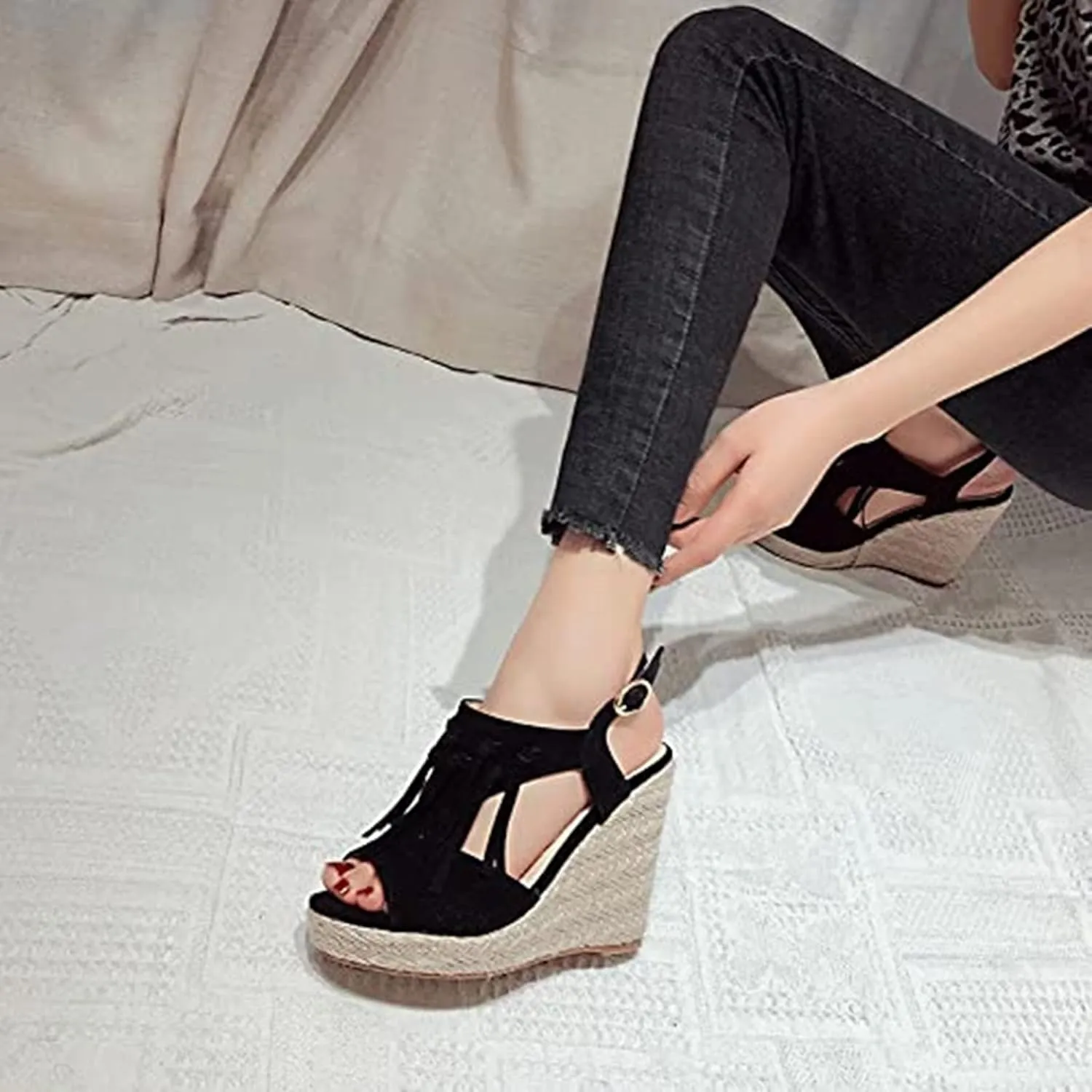 SACFOF Womens Espadrilles Wedges Sandals Tassel Open Toe Slingback High Heel Platform Ankle Strap Summer Party Dress Shoes